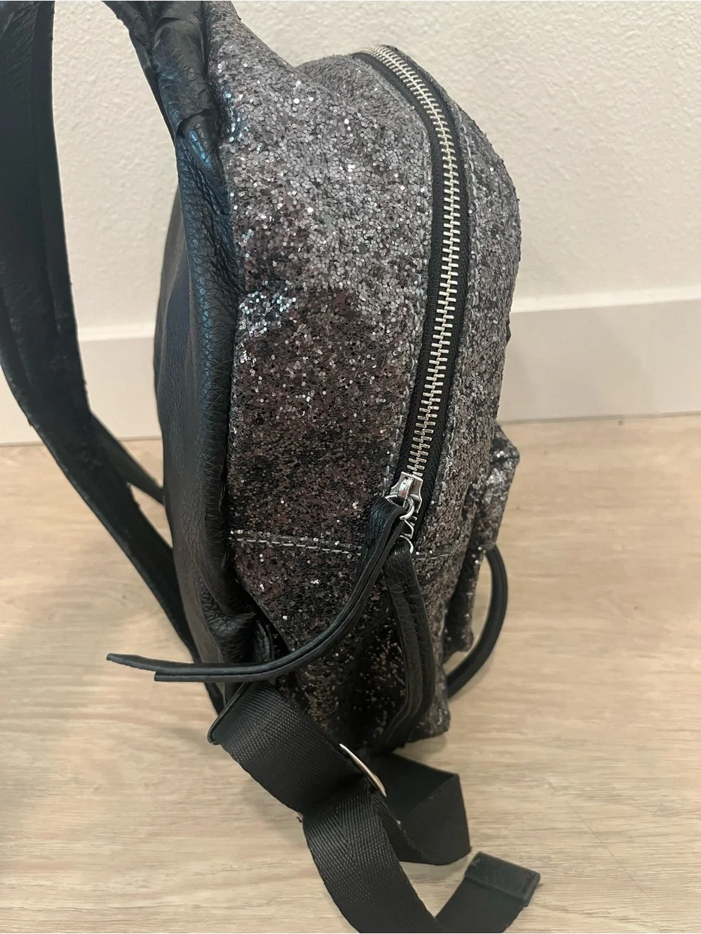 Chiara Ferragni Flirting Glitter Backpack Dark Silver Black Eye Leather Mini